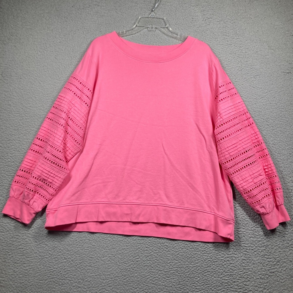 Talbots Sweatshirt Women 2X Pink Eyelet Pullover Pleated Sleeve Cotton Cottage